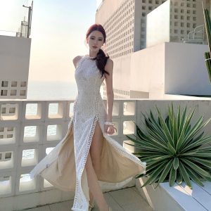 White Lace Sleeveless High Waist Split Long Dress for Beach Vacation and Honeymoon