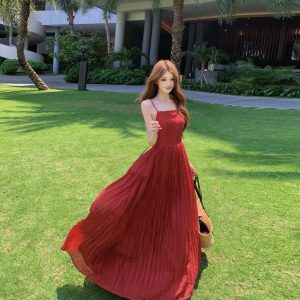 Red Off-Shoulder Sleeveless A-Line Maxi Beach Dress for Women Summer Vacation