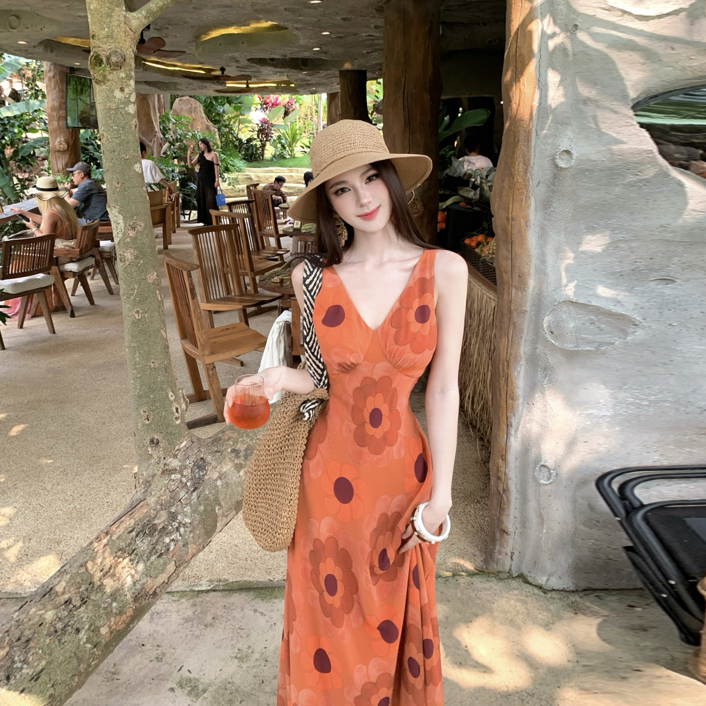 Orange Floral Print Dress Vintage Tie-Dye Sleeveless High Waist Slimming Long Dress - Image 4