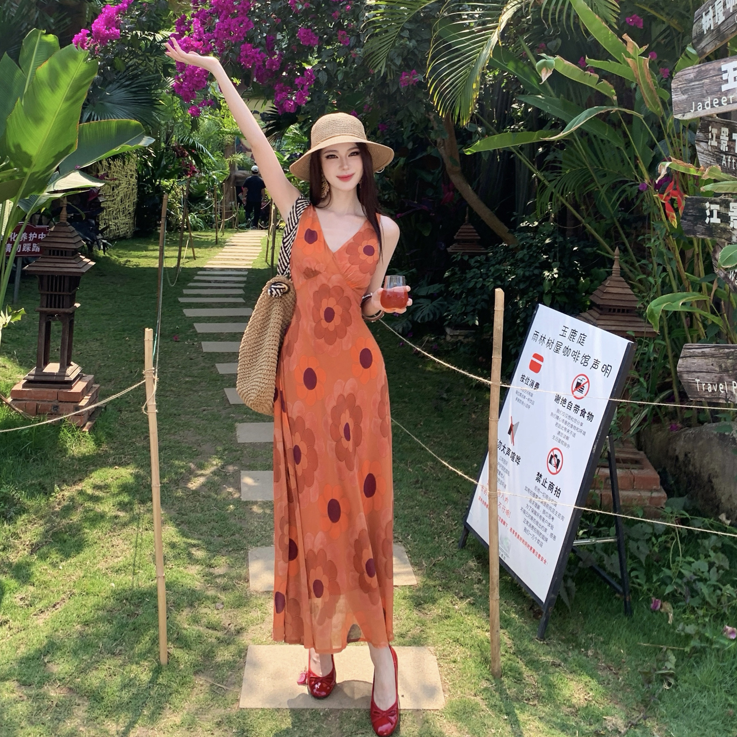 Orange Floral Print Dress Vintage Tie-Dye Sleeveless High Waist Slimming Long Dress - Image 3