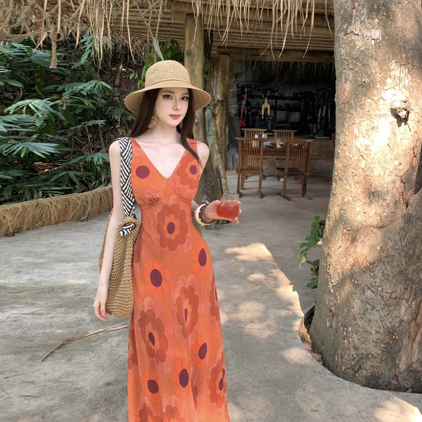 Orange Floral Print Dress Vintage Tie-Dye Sleeveless High Waist Slimming Long Dress - Image 2