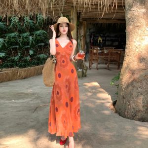 Orange Floral Print Dress Vintage Tie-Dye Sleeveless High Waist Slimming Long Dress