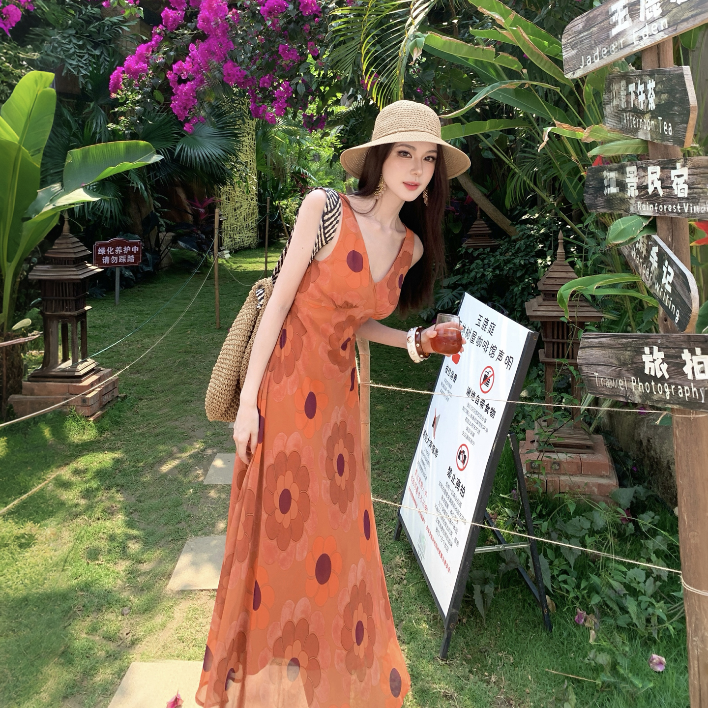 Orange Floral Print Dress Vintage Tie-Dye Sleeveless High Waist Slimming Long Dress - Image 5
