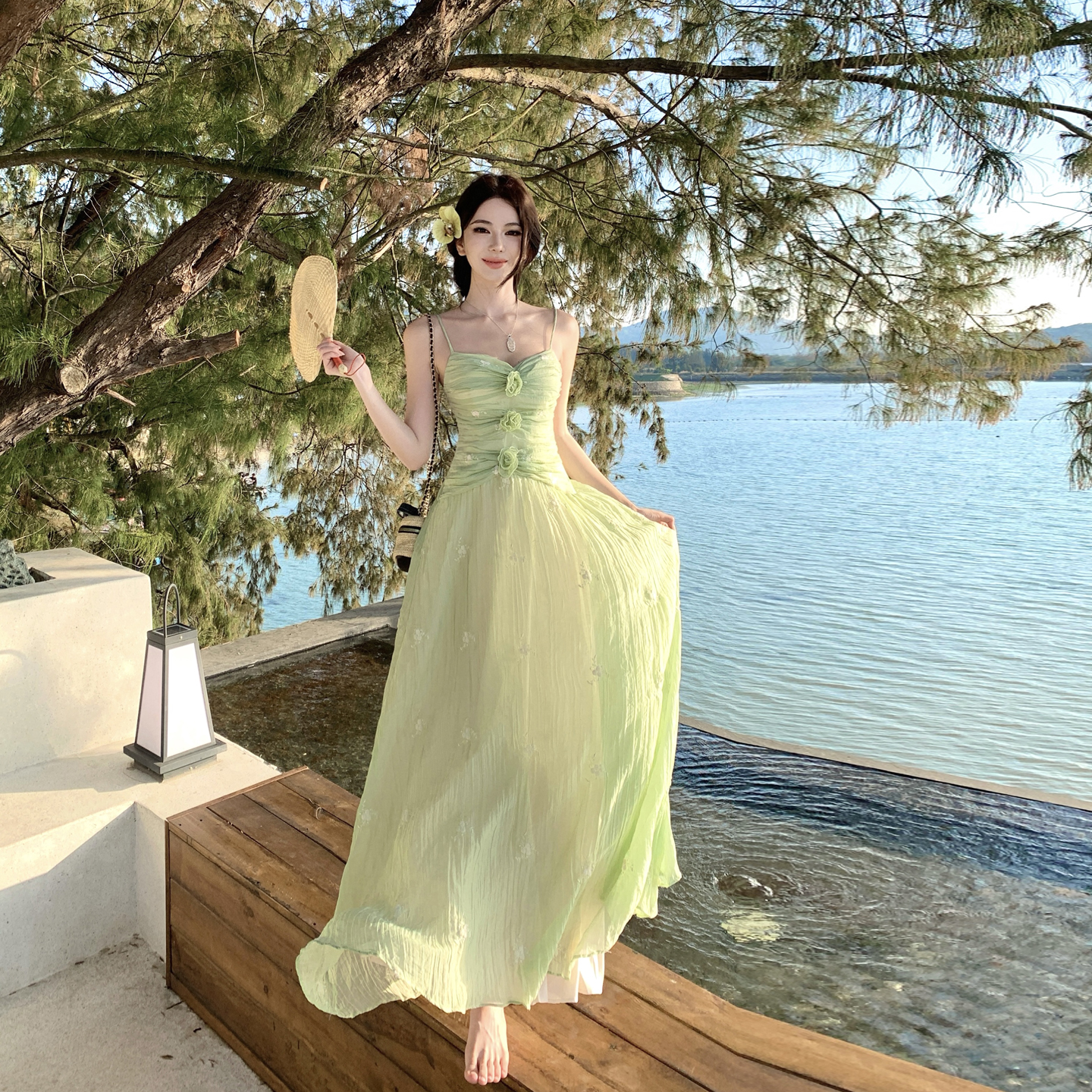 French Style Floral Embroidered Pleated Cami Dress Summer Cinched Waist Beach Vacation Dress for Women - Image 2