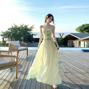 French Style Floral Embroidered Pleated Cami Dress Summer Cinched Waist Beach Vacation Dress for Women