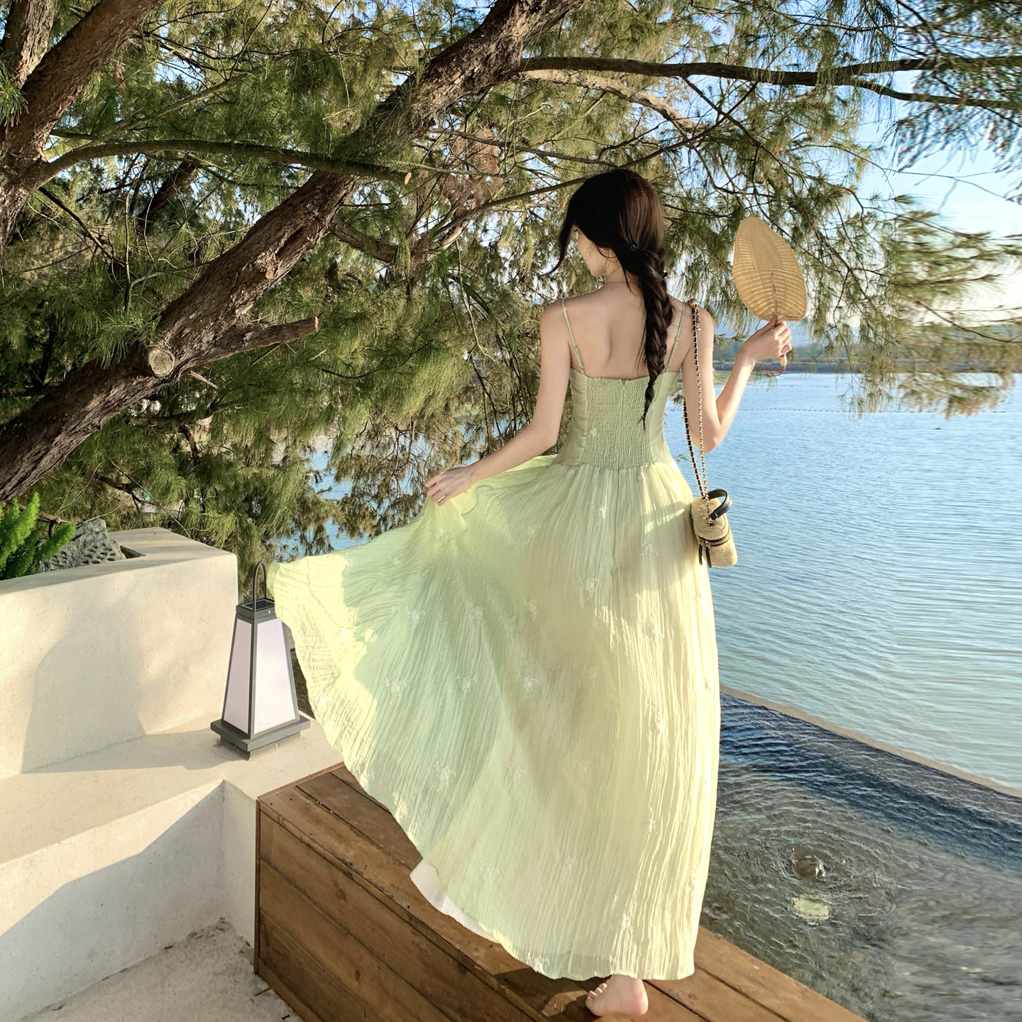 French Style Floral Embroidered Pleated Cami Dress Summer Cinched Waist Beach Vacation Dress for Women - Image 5