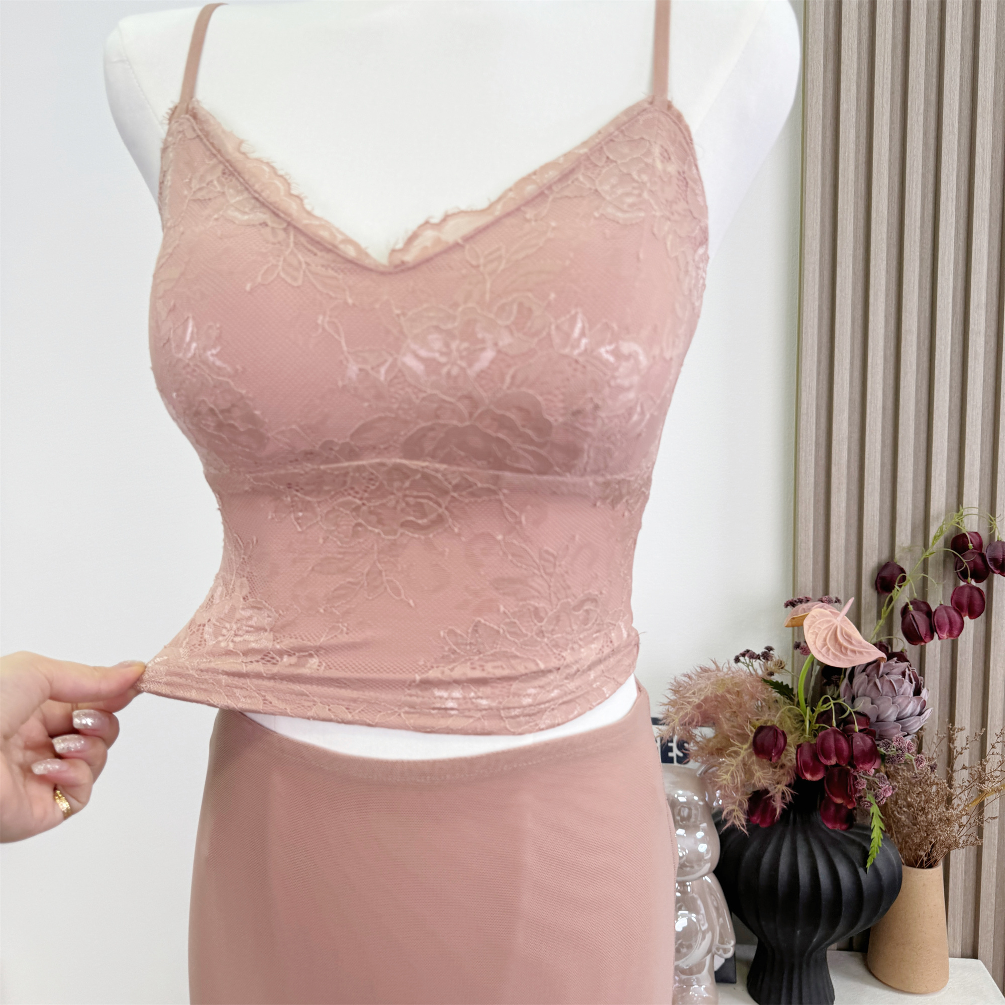 Pink V-Neck Lace Camisole with Padded Bra Short Cami Top - Image 3
