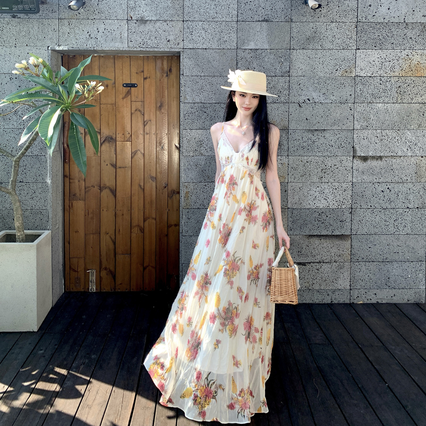 Lake Como Garden Black Label Pleated Floral Cami Maxi Dress Summer - Image 5