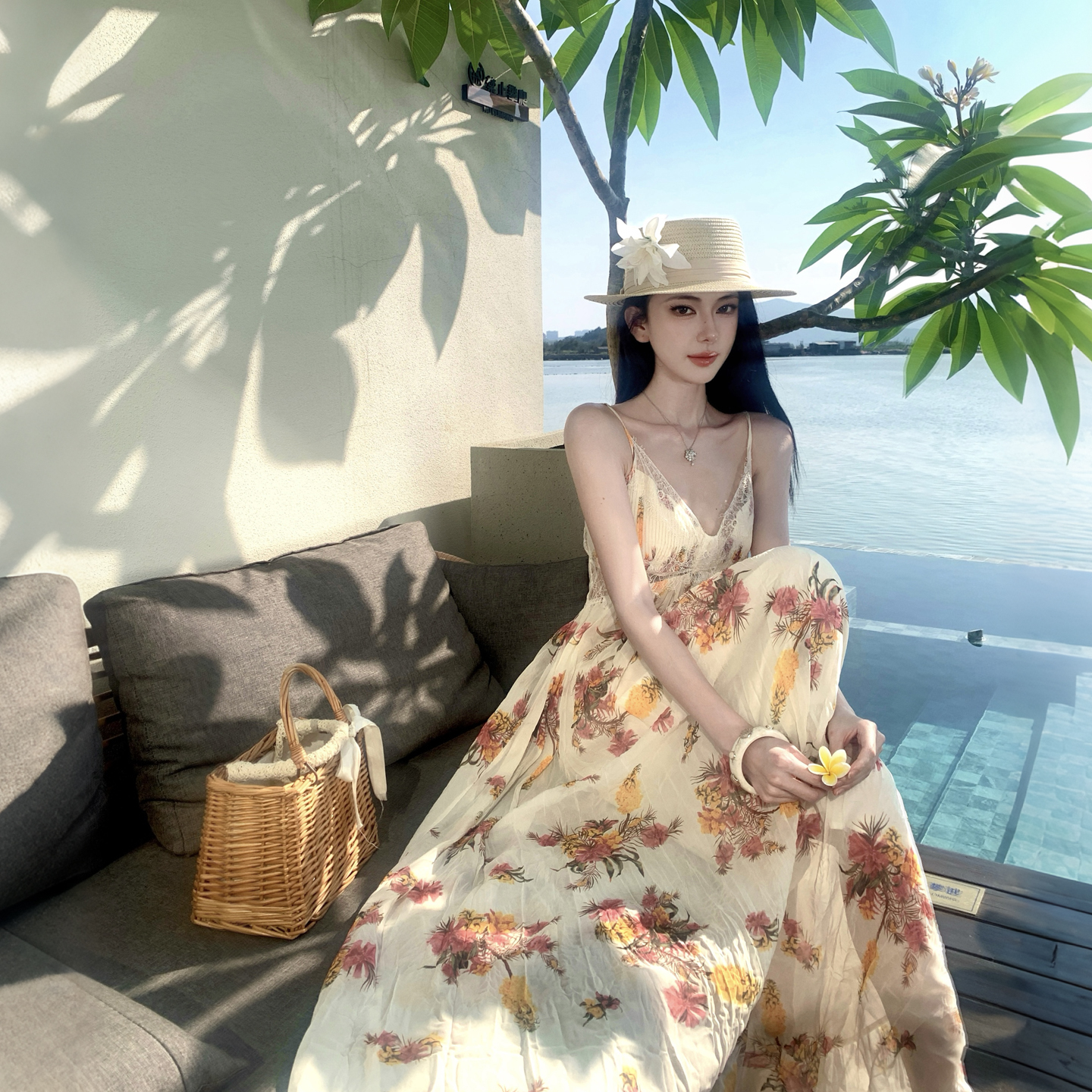 Lake Como Garden Black Label Pleated Floral Cami Maxi Dress Summer - Image 2