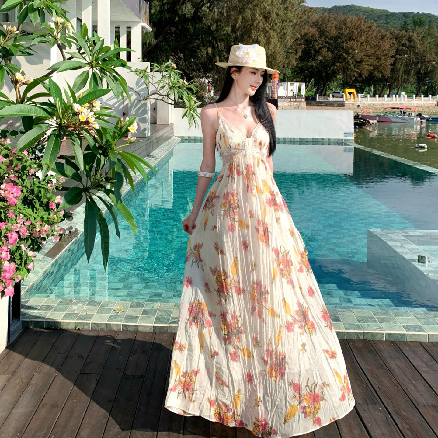Lake Como Garden Black Label Pleated Floral Cami Maxi Dress Summer