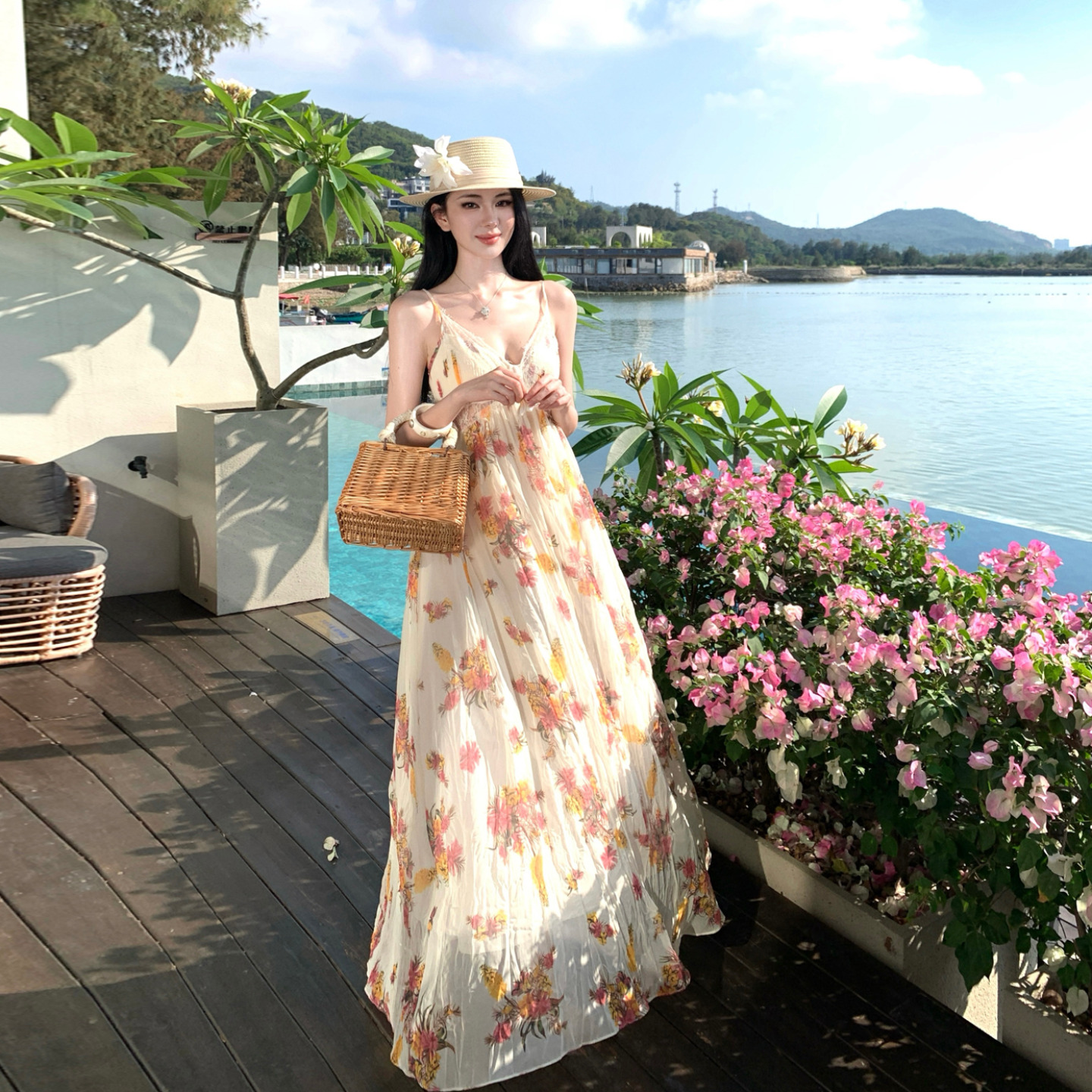 Lake Como Garden Black Label Pleated Floral Cami Maxi Dress Summer - Image 3