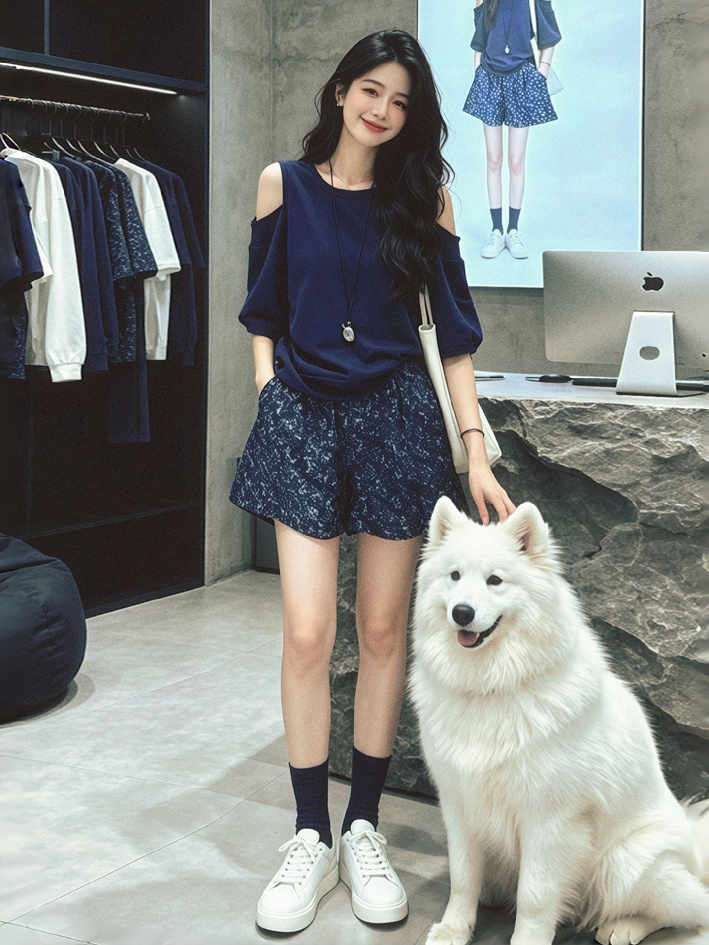 Navy Blue Loose Round Neck Short Sleeve T-Shirt for Women 2026 Summer Off-Shoulder Top - Image 4