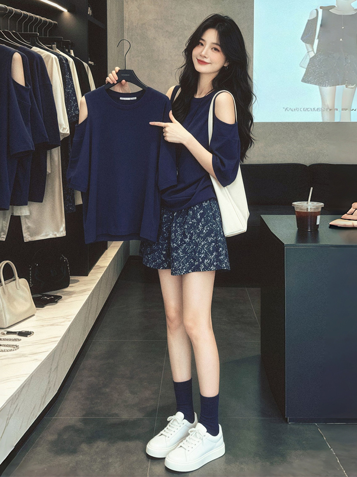 Navy Blue Loose Round Neck Short Sleeve T-Shirt for Women 2026 Summer Off-Shoulder Top
