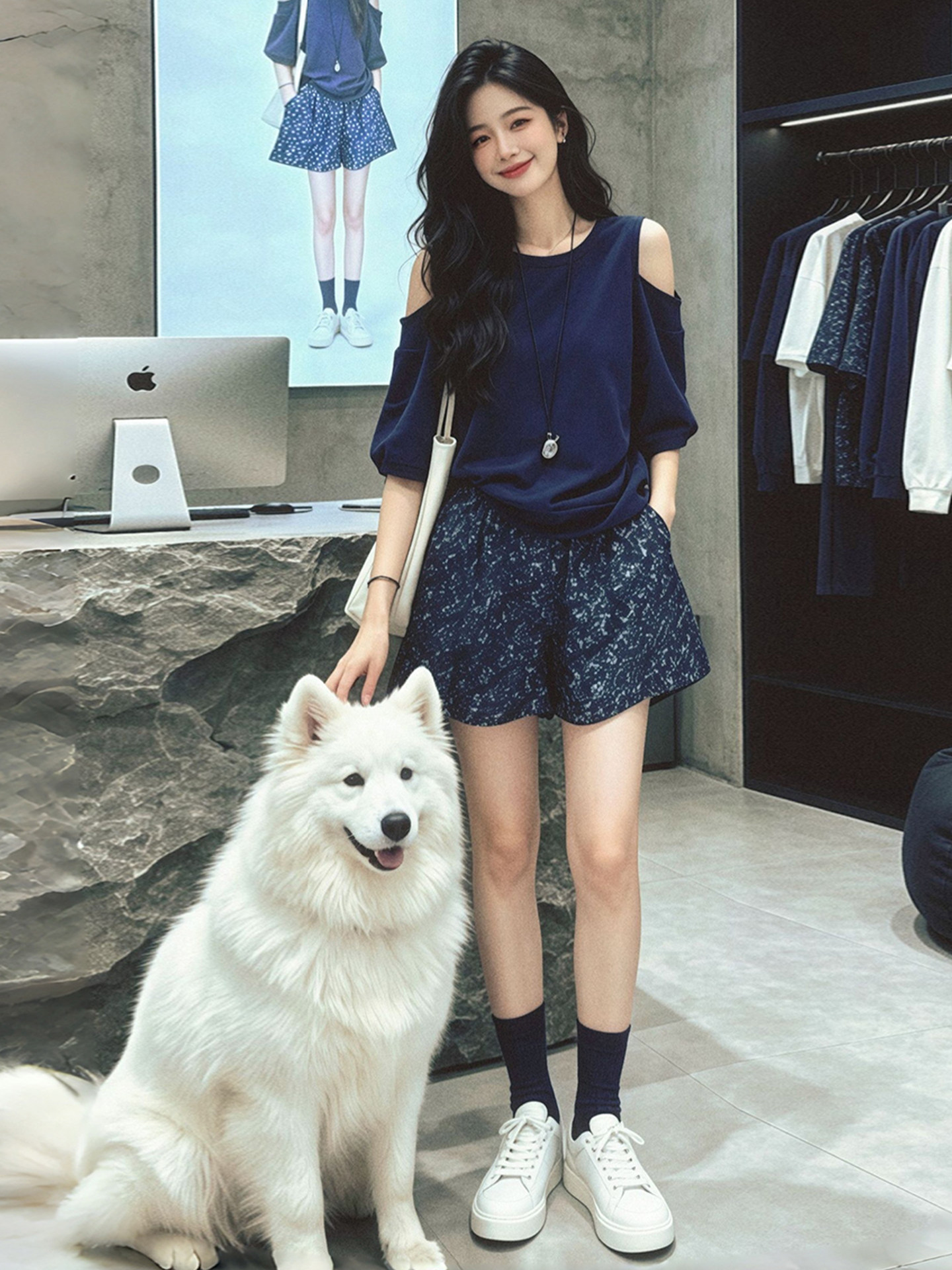 Navy Blue Loose Round Neck Short Sleeve T-Shirt for Women 2026 Summer Off-Shoulder Top - Image 2
