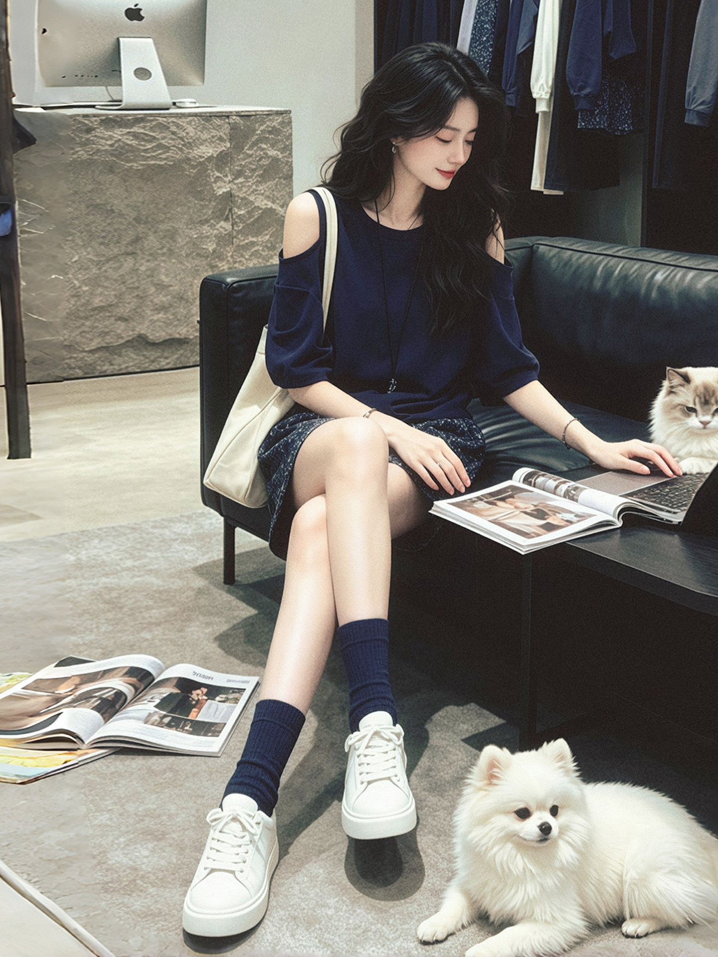 Navy Blue Loose Round Neck Short Sleeve T-Shirt for Women 2026 Summer Off-Shoulder Top - Image 3