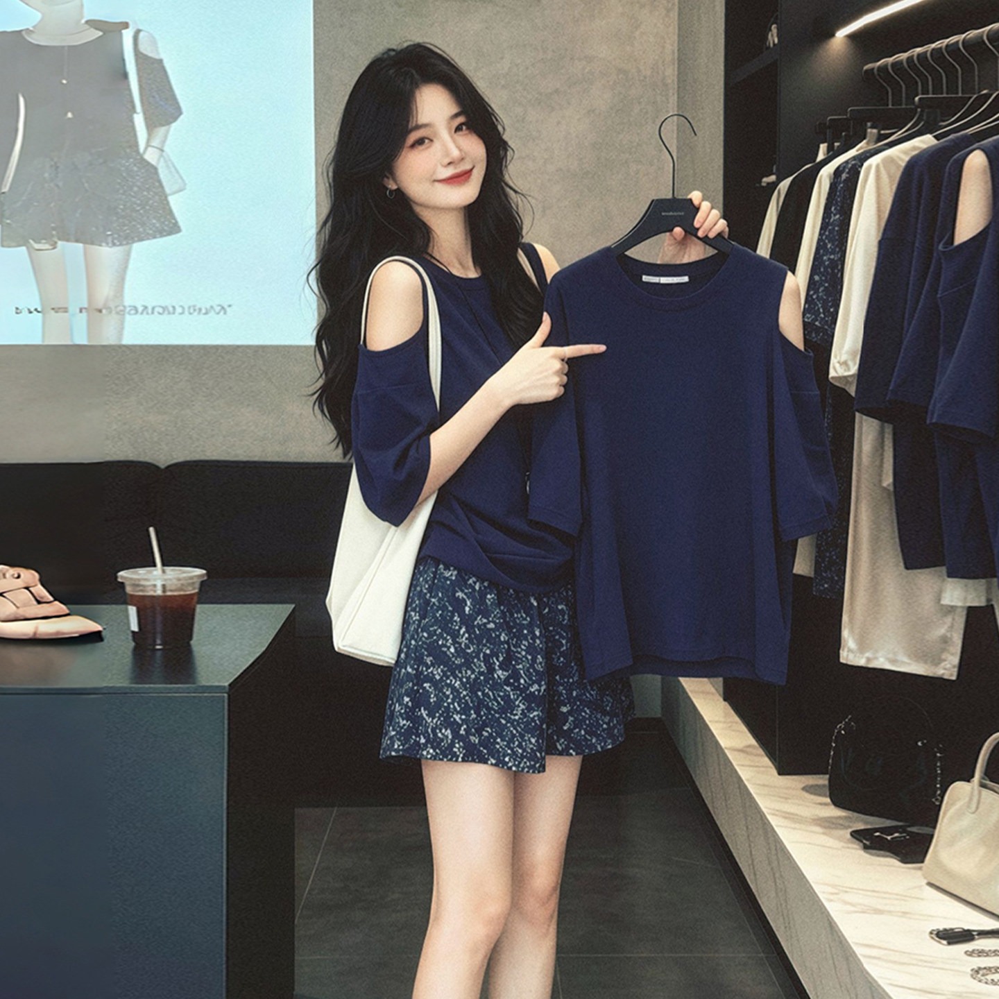 Navy Blue Loose Round Neck Short Sleeve T-Shirt for Women 2026 Summer Off-Shoulder Top - Image 5