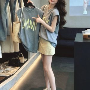 Gray Crewneck Loose Letter Sleeveless T-Shirt Women 2026 Summer Relaxed Fit Top