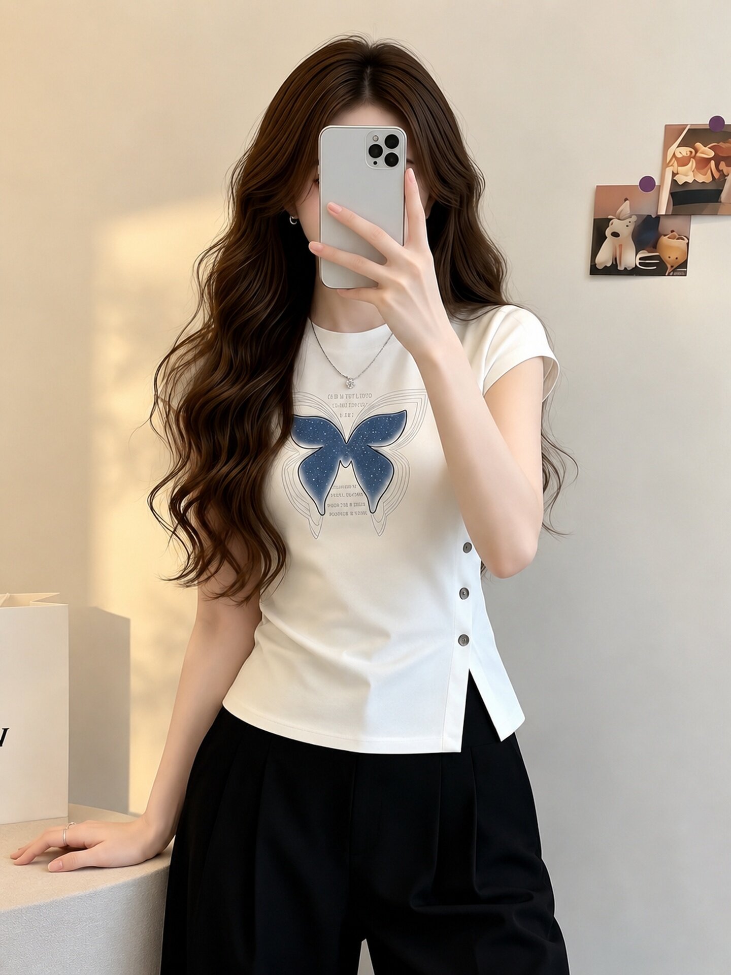 Women's White Side Slit Fitted Short Sleeve T-Shirt 2026 Summer Casual Top - Image 2