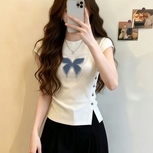 Women's White Side Slit Fitted Short Sleeve T-Shirt 2026 Summer Casual Top
