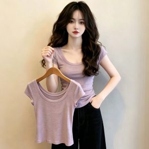 Pink Purple U-Neck Slim Short Sleeve T-Shirt for Women 2026 Summer French Style