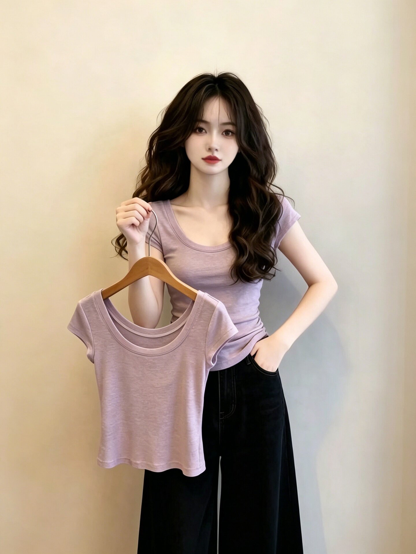 Pink Purple U-Neck Slim Short Sleeve T-Shirt for Women 2026 Summer French Style