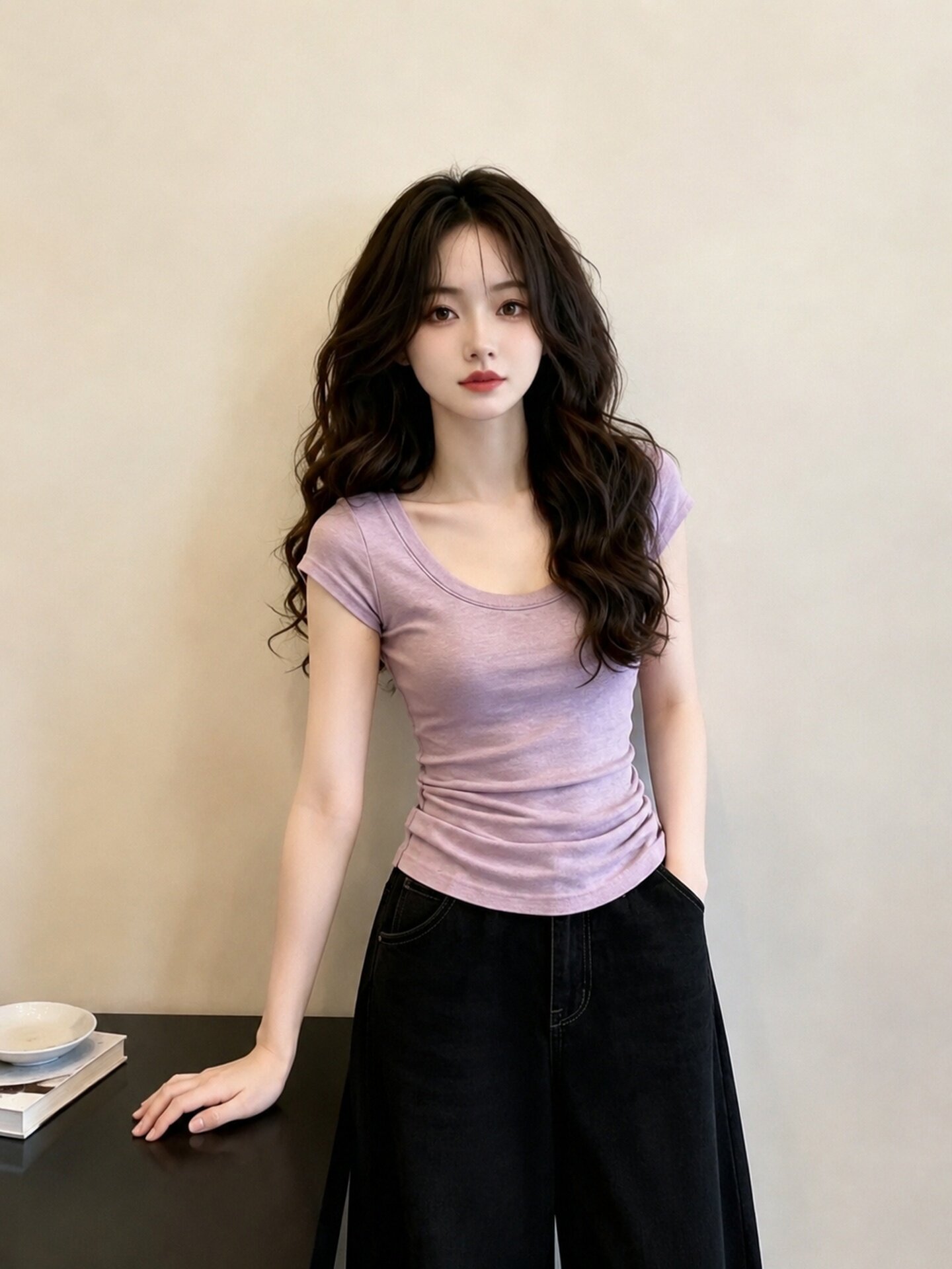 Pink Purple U-Neck Slim Short Sleeve T-Shirt for Women 2026 Summer French Style - Image 2
