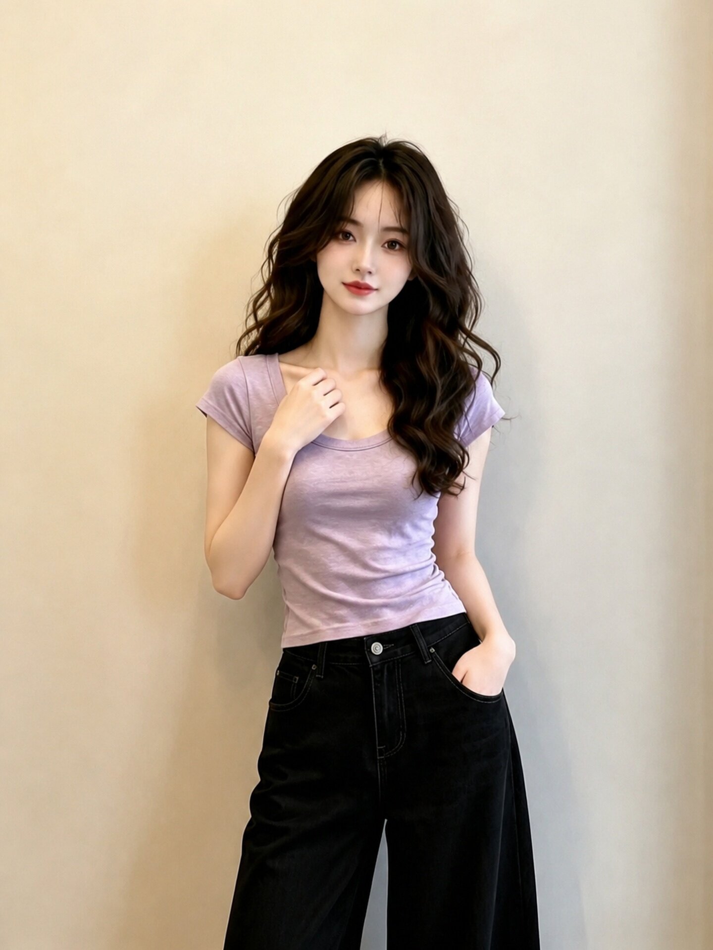 Pink Purple U-Neck Slim Short Sleeve T-Shirt for Women 2026 Summer French Style - Image 3
