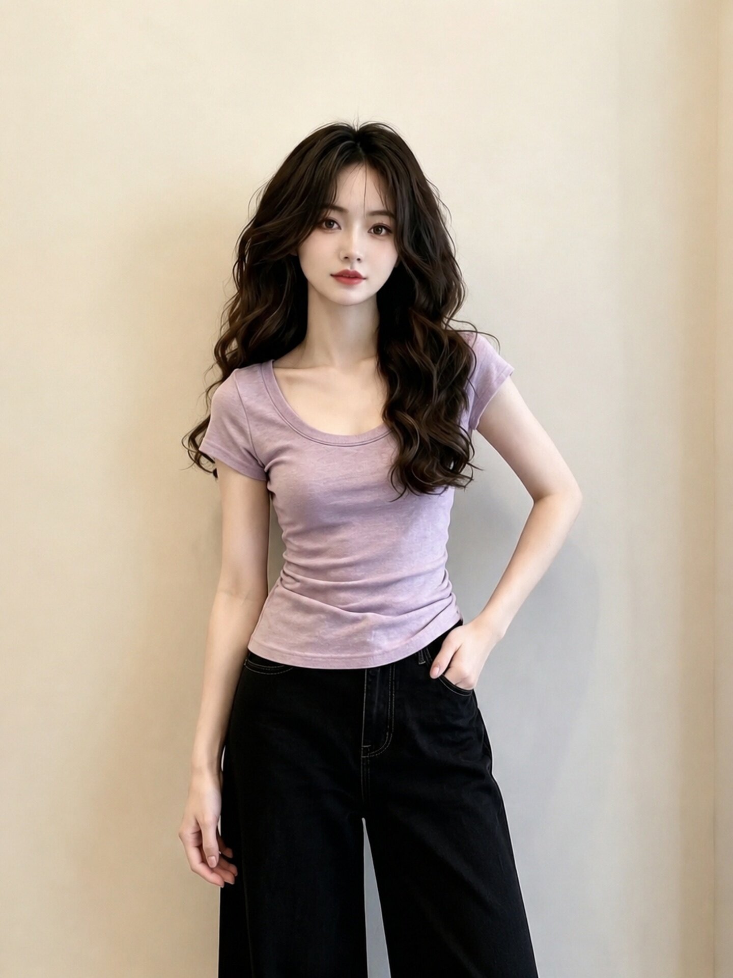 Pink Purple U-Neck Slim Short Sleeve T-Shirt for Women 2026 Summer French Style - Image 4