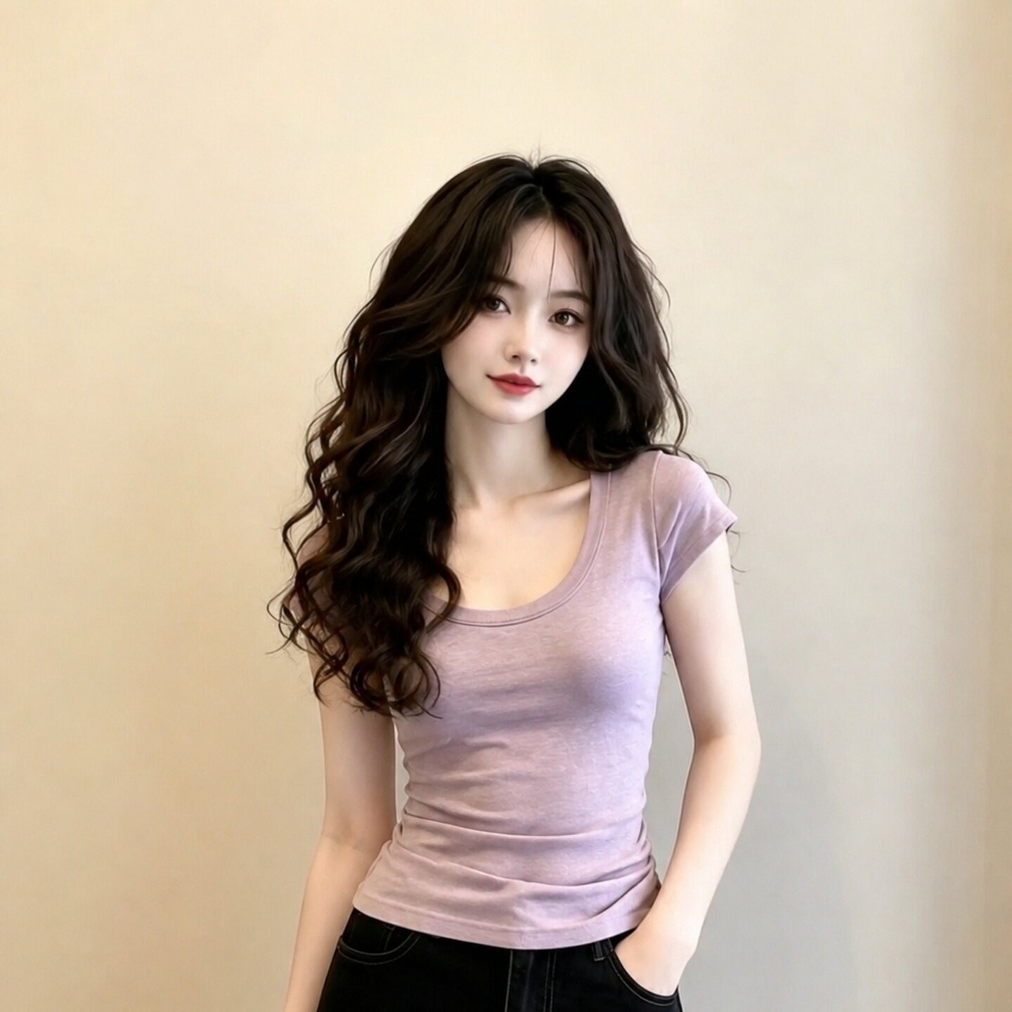 Pink Purple U-Neck Slim Short Sleeve T-Shirt for Women 2026 Summer French Style - Image 5