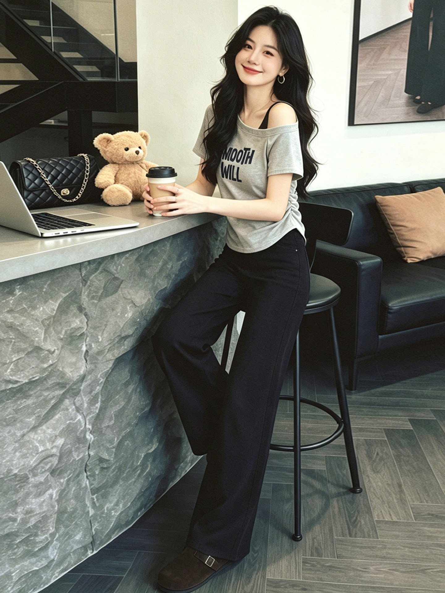 Women's Gray Letter Print Off-Shoulder Short Sleeve T-Shirt 2026 Summer Fake Two-Piece Pleated Slimming Top - Image 3
