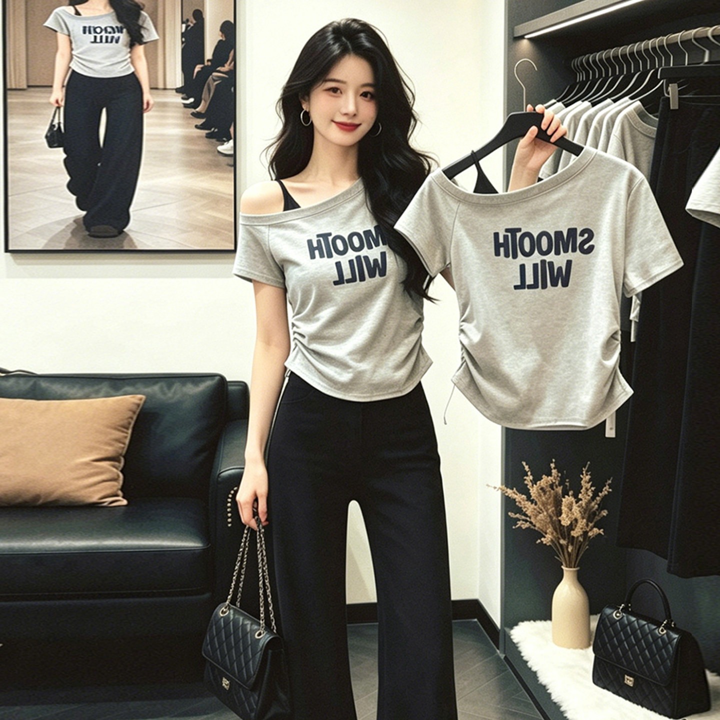 Women's Gray Letter Print Off-Shoulder Short Sleeve T-Shirt 2026 Summer Fake Two-Piece Pleated Slimming Top - Image 5
