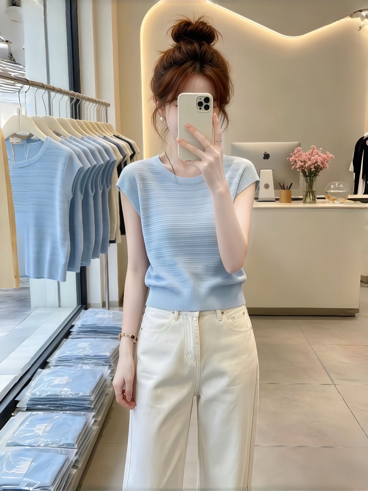 Light Blue Loose Fit T-Shirt for Women 2026 Summer Short Sleeve Casual Top