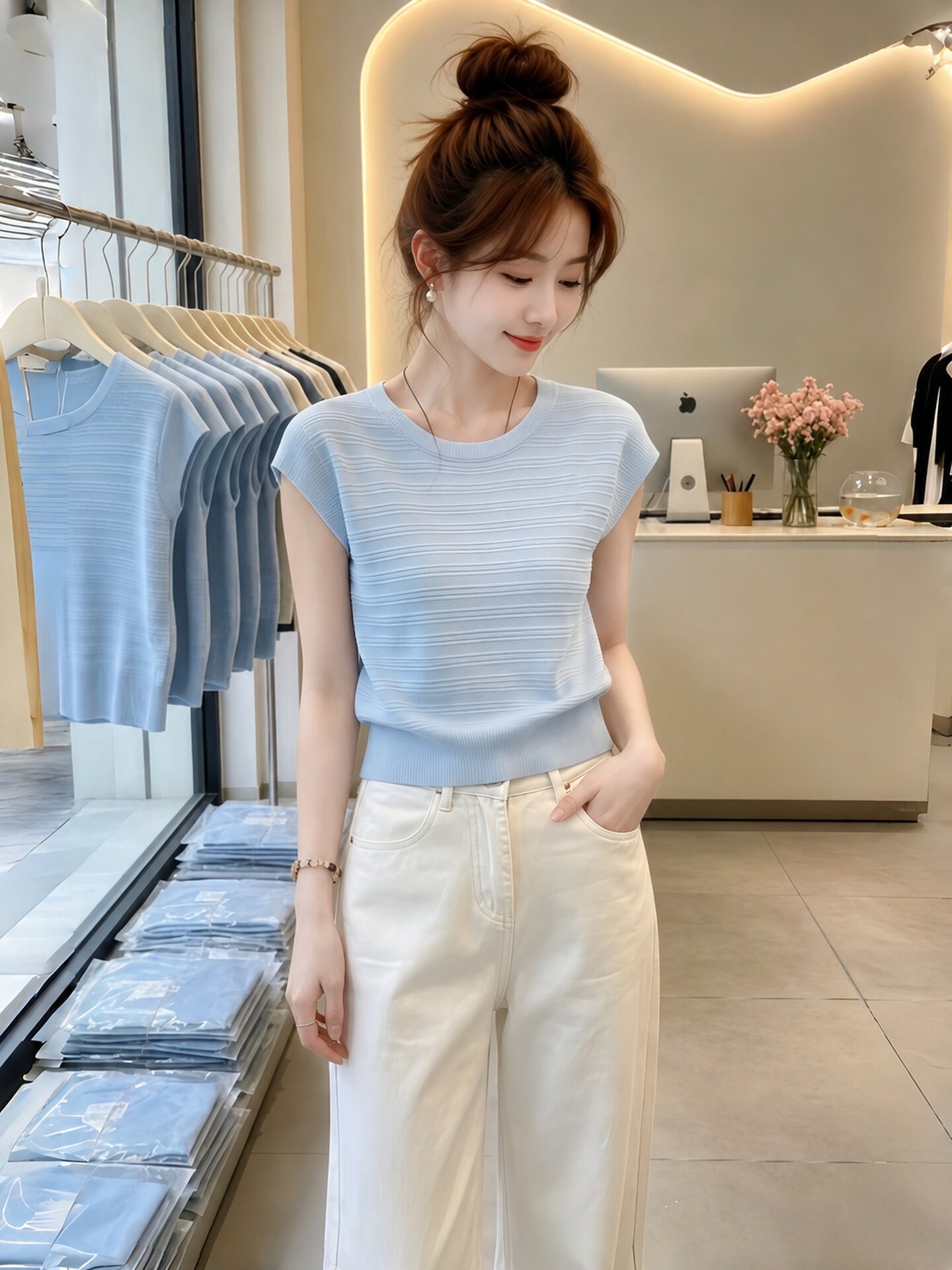 Light Blue Loose Fit T-Shirt for Women 2026 Summer Short Sleeve Casual Top - Image 3