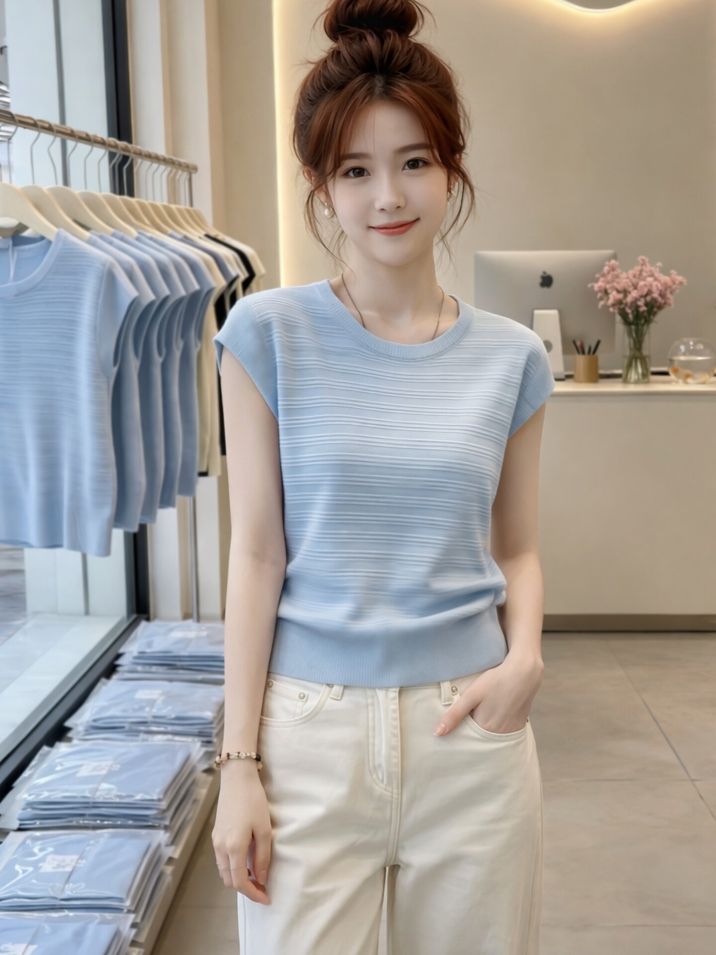 Light Blue Loose Fit T-Shirt for Women 2026 Summer Short Sleeve Casual Top - Image 2