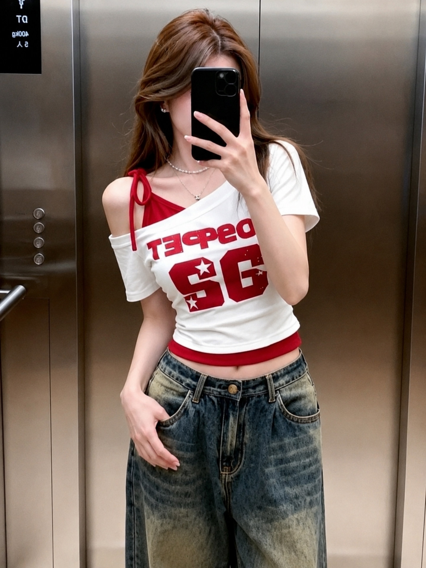 Women's Red and White Color Block Faux Two Piece Cold Shoulder Short Sleeve T-Shirt Summer 2026 - Image 4