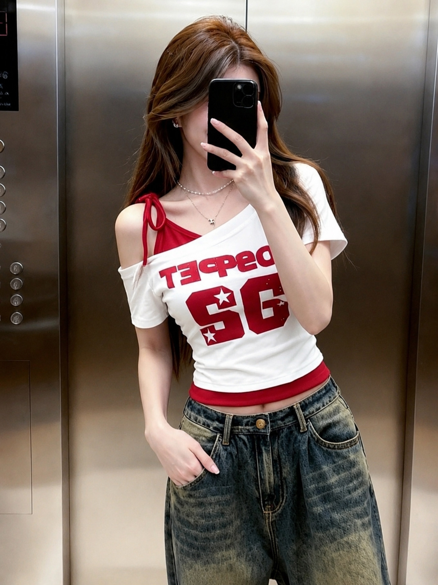 Women's Red and White Color Block Faux Two Piece Cold Shoulder Short Sleeve T-Shirt Summer 2026 - Image 3