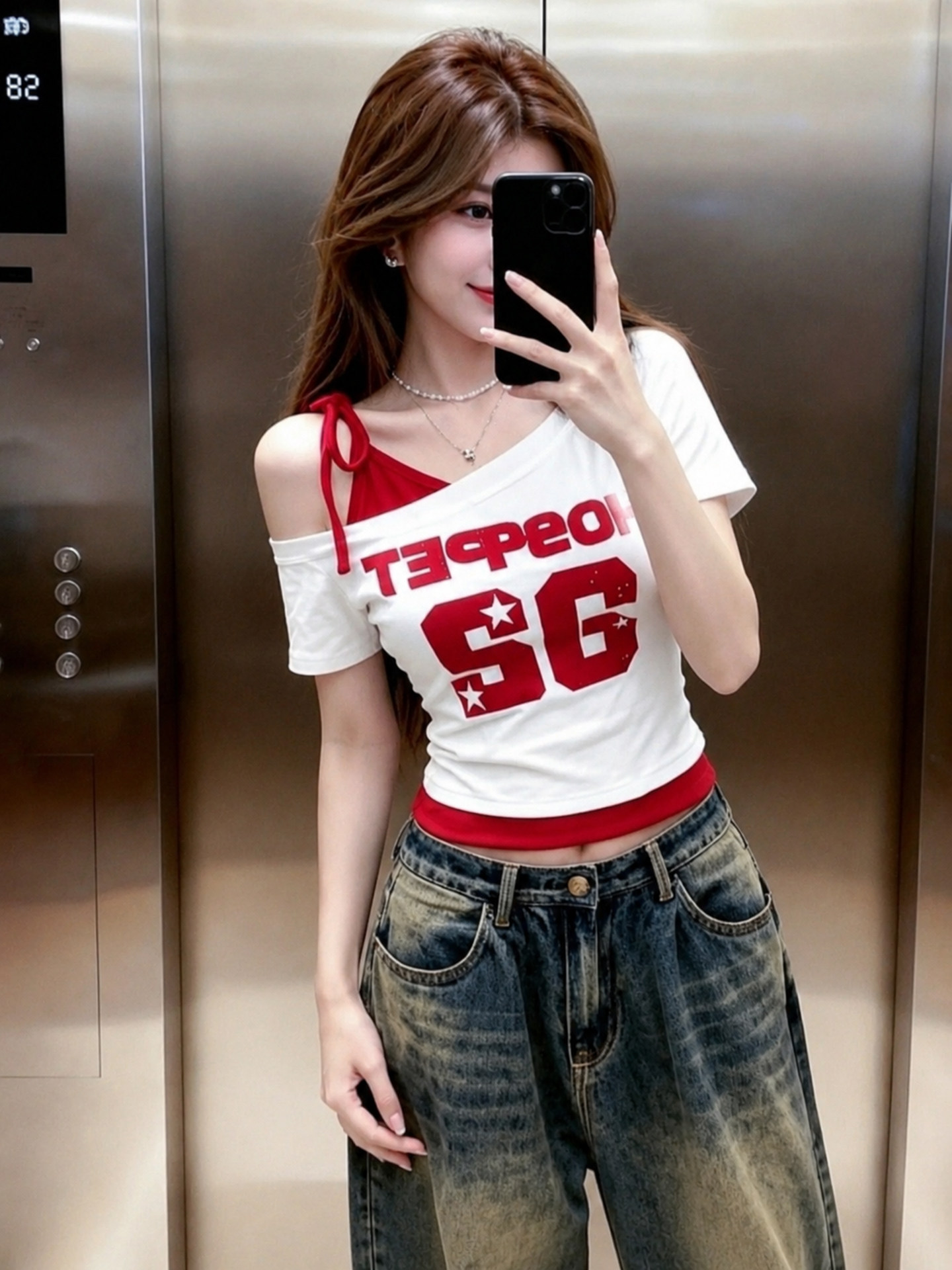 Women's Red and White Color Block Faux Two Piece Cold Shoulder Short Sleeve T-Shirt Summer 2026 - Image 2