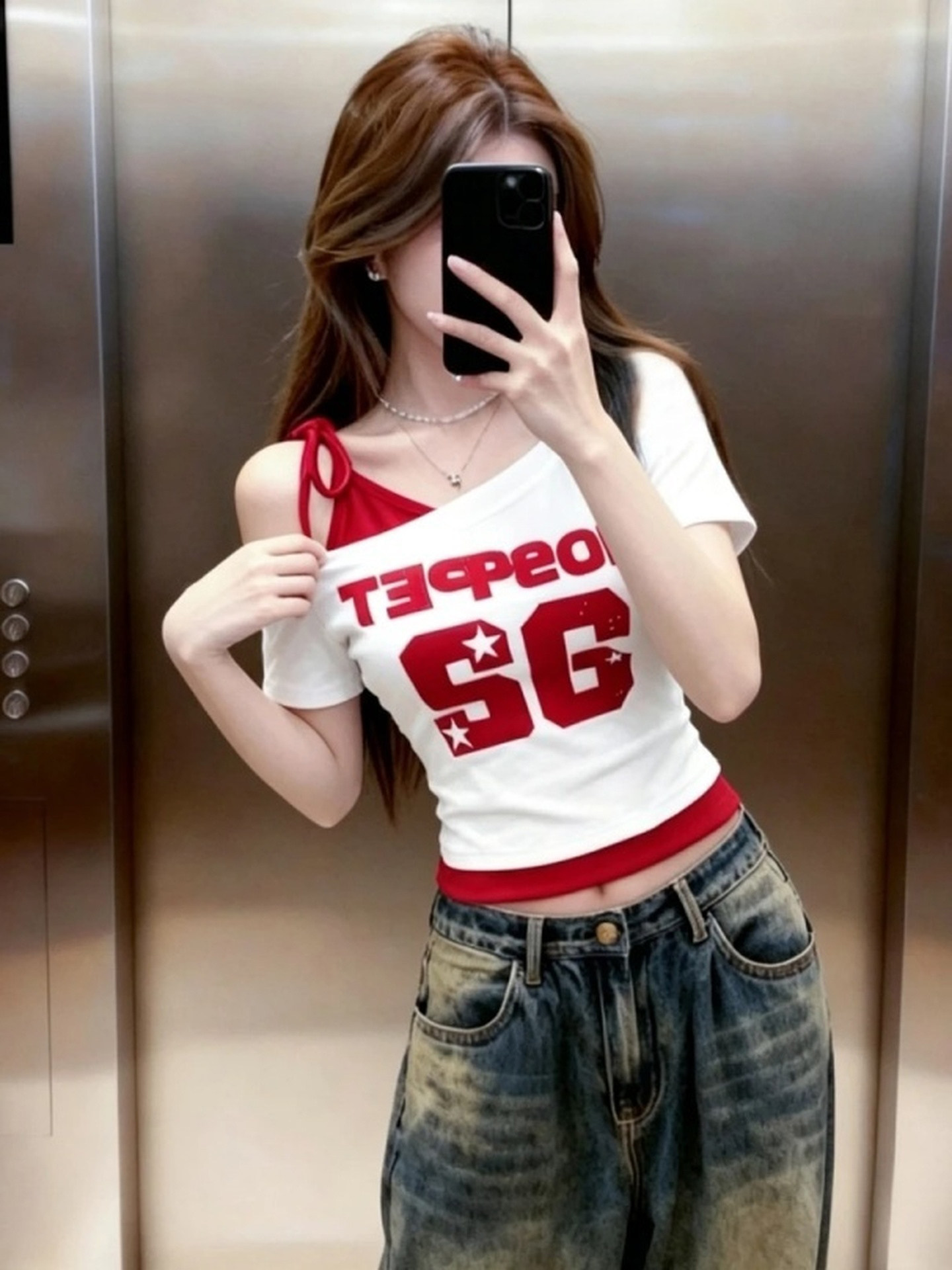 Women's Red and White Color Block Faux Two Piece Cold Shoulder Short Sleeve T-Shirt Summer 2026