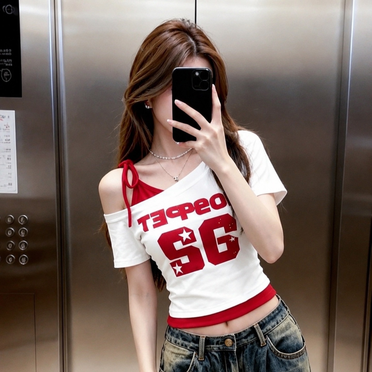 Women's Red and White Color Block Faux Two Piece Cold Shoulder Short Sleeve T-Shirt Summer 2026 - Image 5