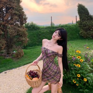 Sweet Plaid 2026 Summer Women's Retro Plaid Waist-Cinched Dress