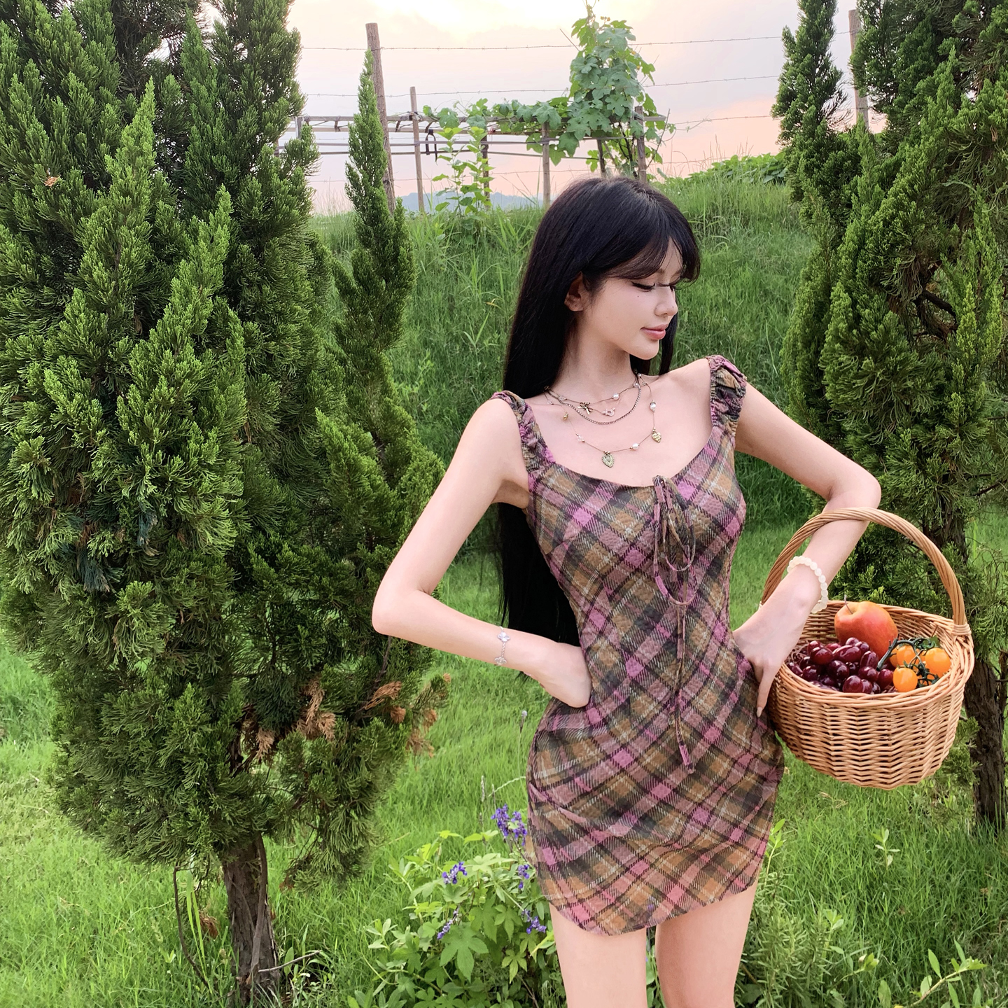 Sweet Plaid 2026 Summer Women's Retro Plaid Waist-Cinched Dress - Image 5