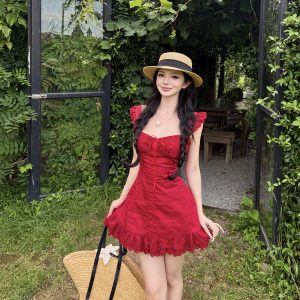 Wine-Stained Rose Red Sleeveless A-Line Mini Dress for Women Summer Vacation