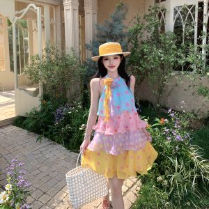 Women's Midi A-Line Polka Dot Tiered Dress Sleeveless Halter Summer Sweet