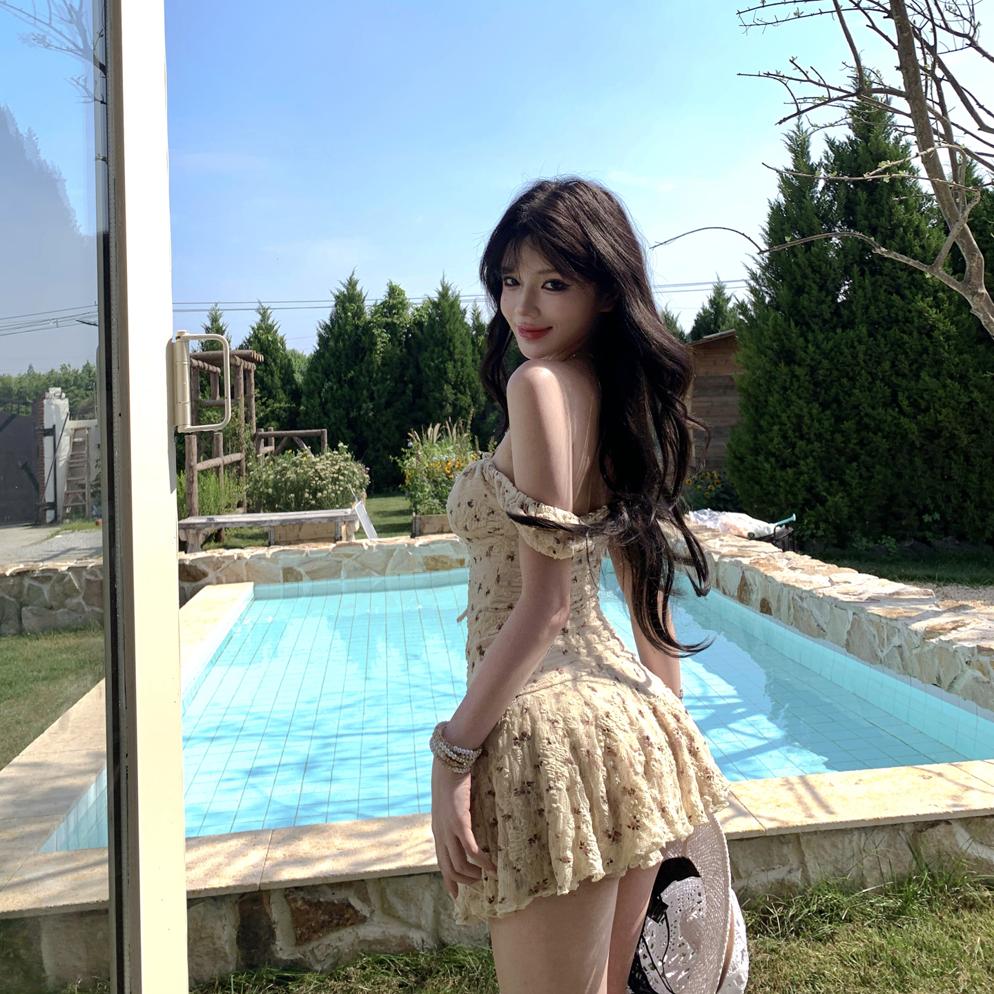 Floral Dress Women 2026 Summer New Waist-Cinching Slimming Lace Off-Shoulder One-Shoulder Short Dress - Image 5