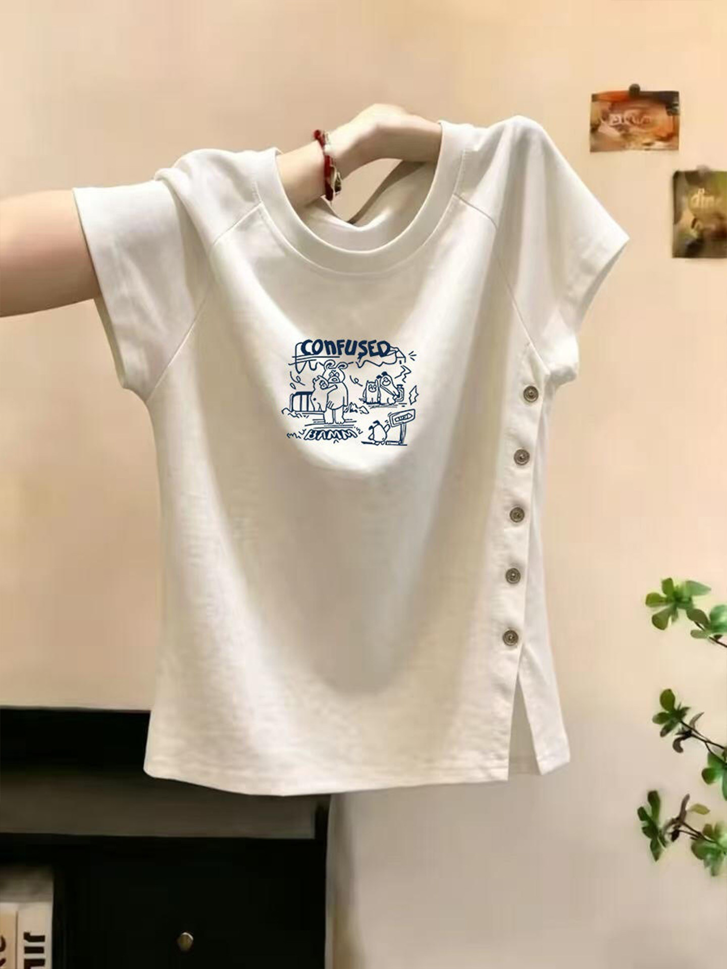 White Cartoon Print Side Button Short Sleeve T-Shirt for Women 2026 Summer - Image 3