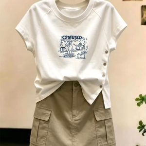 White Cartoon Print Side Button Short Sleeve T-Shirt for Women 2026 Summer