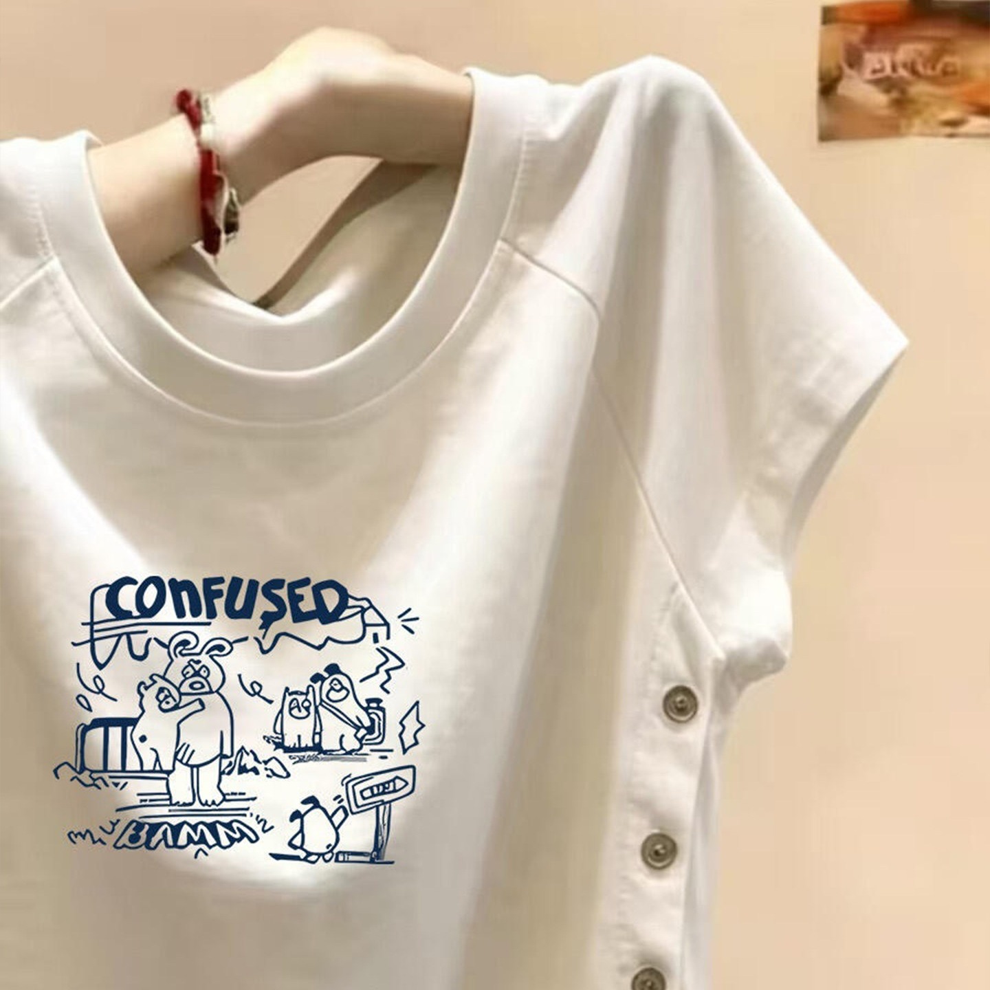 White Cartoon Print Side Button Short Sleeve T-Shirt for Women 2026 Summer - Image 5