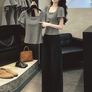 Women's Black Striped Slim Fit T-Shirt with Petal Sleeves Summer 2026 French Style