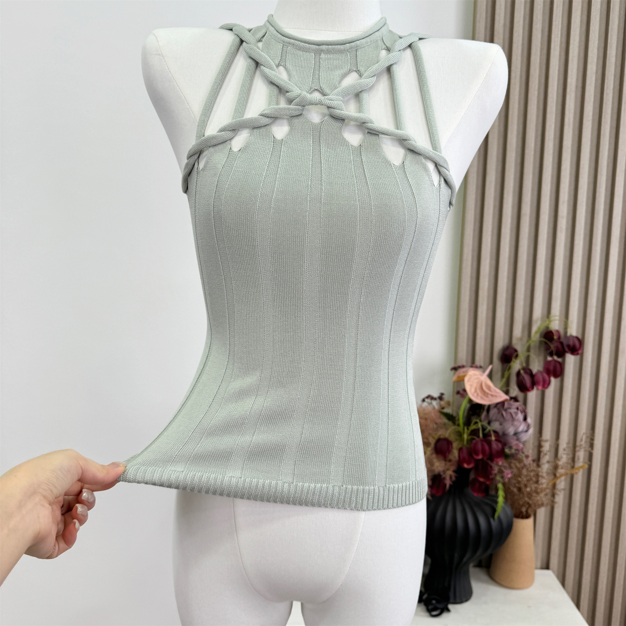 Kikimy Light Mint Halter Neck Cutout Knit Cami Top - Image 3