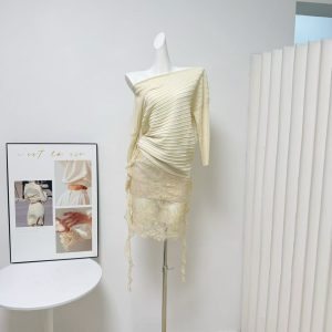 Elegant Off-Shoulder Knit Top and Lace Embroidered Skirt Two-Piece Set for Women